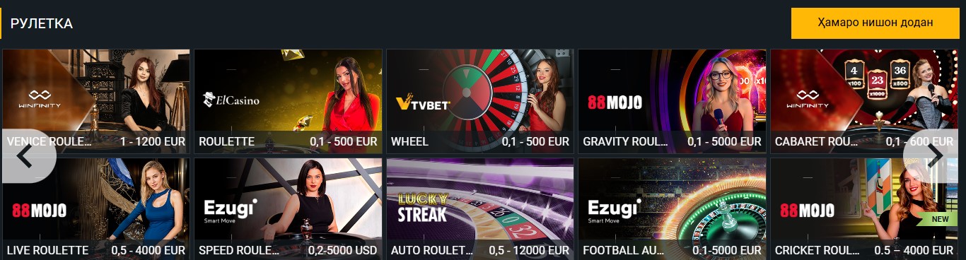 Рулеткаи зинда дар казинои Melbet